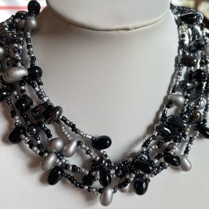 Multi Strand Black Silver Beaded Necklace